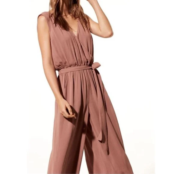 Aritzia Babaton Maximillian Wide Leg V-Neck Culotte Jumpsuit in Taupe - Picture 2 of 12
